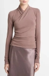 Vince Long Sleeve Knit Wrap Top In Brown