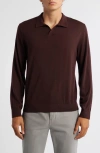 Vince Long Sleeve Merino Wool Polo In Brown