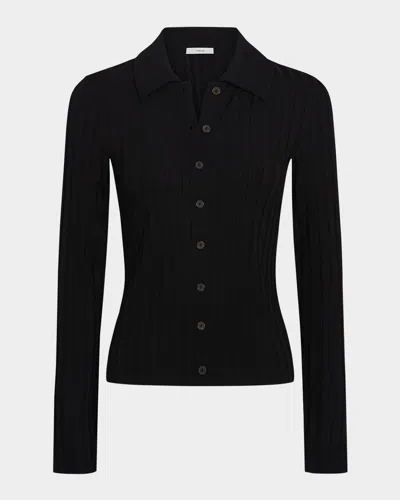Vince Long-sleeve Ribbed Button-front Top In Black