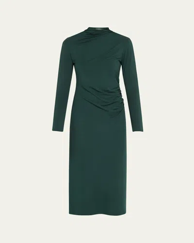 Vince Long-sleeve Ruched Turtleneck Midi Dress In Juniper