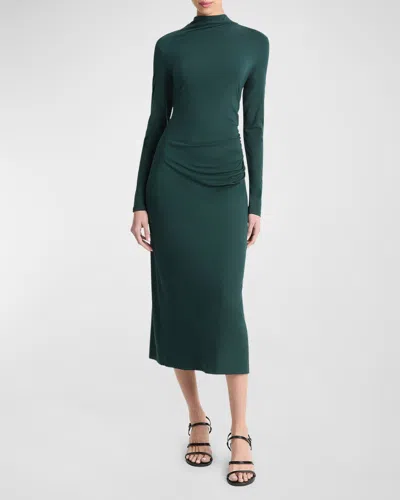 VINCE LONG-SLEEVE RUCHED TURTLENECK MIDI DRESS