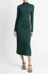 Vince Long-sleeve Ruched Turtleneck Midi Dress In Juniper