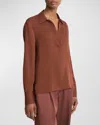 Vince Long-sleeve Silk Pullover Polo Top In Brown