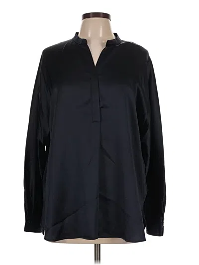 Vince Long Sleeve Silk Top Black Solid Pattern Open Neckline Tops