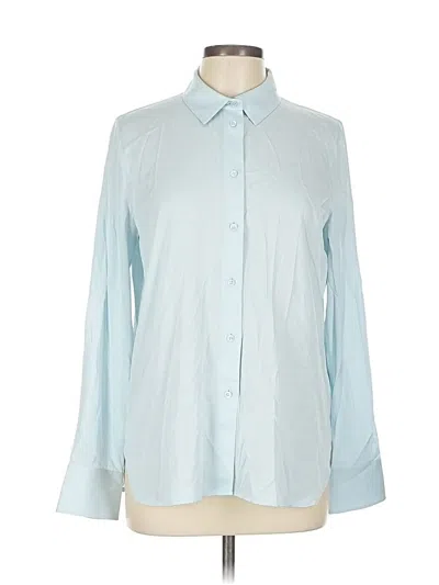 Pre-owned Vince Long Sleeve Silk Top Blue Solid Pattern Collared Neckline Tops
