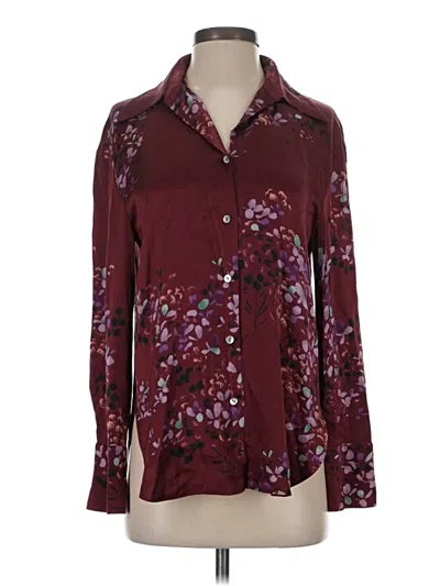 Pre-owned Vince Long Sleeve Silk Top Burgundy Floral Pattern Collared Neckline Tops