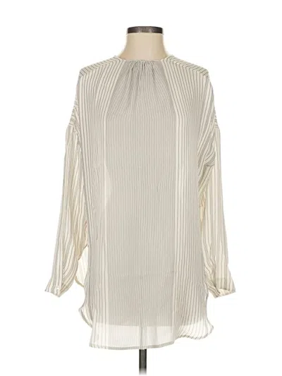 Pre-owned Vince Long Sleeve Silk Top Ivory Stripes Pattern High Neck Tops In White