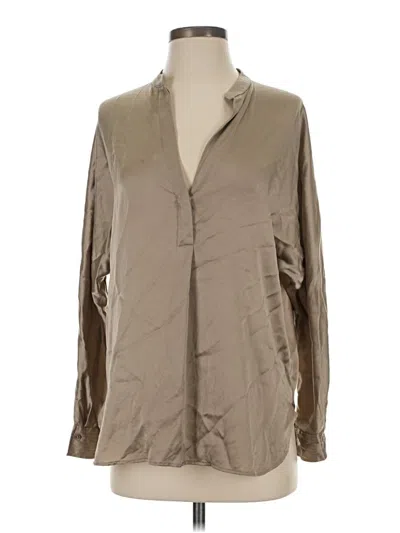 Pre-owned Vince Long Sleeve Silk Top Tan Plunge Neckline Tops In Brown
