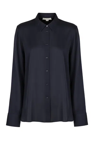 Vince Long Sleeve Slim-fitted Silk Blouse In Blue