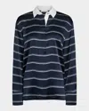 Vince Long-sleeve Stripe Silk Rugby Shirt In Coastal/slate