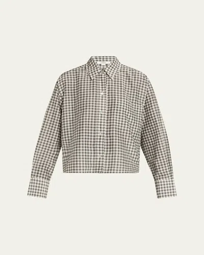 Vince Long-sleeve Cropped Cotton-silk Gingham Shirt In Gray