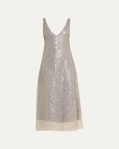 Vince Lucite Metallic Sequin Midi Slip Dress In Silver