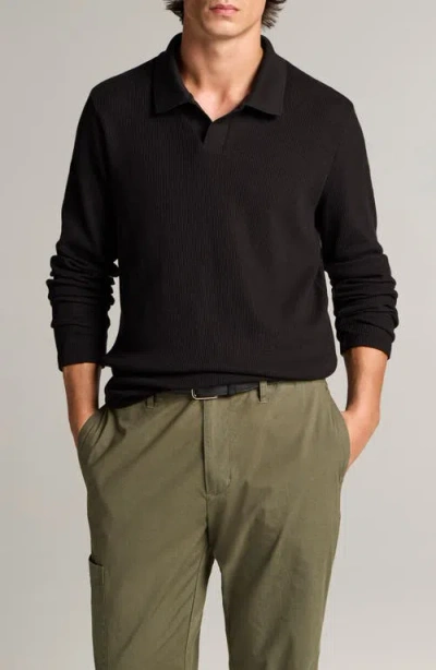 Vince Macro Rib Long Sleeve Johnny Collar Polo In Black