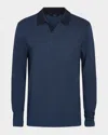 Vince Bi-color Rib Johnny Collar Long Sleeve Polo In Blue