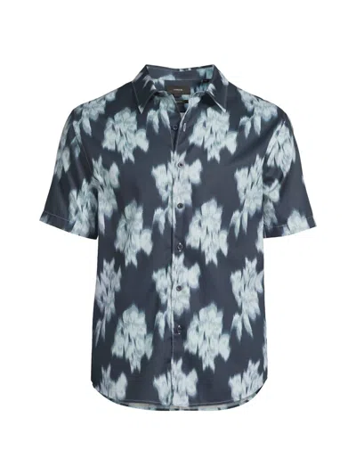 Vince Blurred Roses Short Sleeve French Placket Shirt In Blue