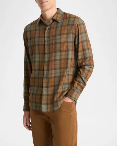 Vince Castaic Cotton Blend Plaid Button Down Shirt In Surplus Olive/vicuna