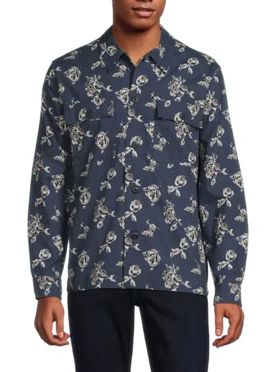 Vince Men's Ikat Floral Print Shirt In Hematite Blue