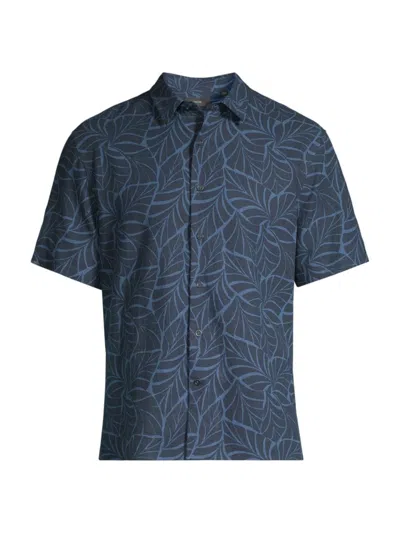 Vince Knotted Leaves Linen Blend Short Sleeve Button-up Shirt In Blue Multi