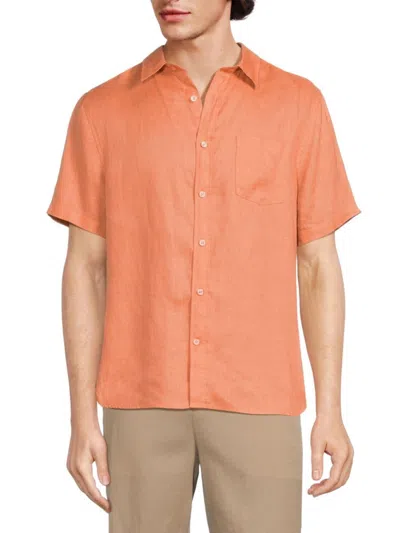 Vince Men's Linen Short Sleeve Button Down Shirt In Sun Coral