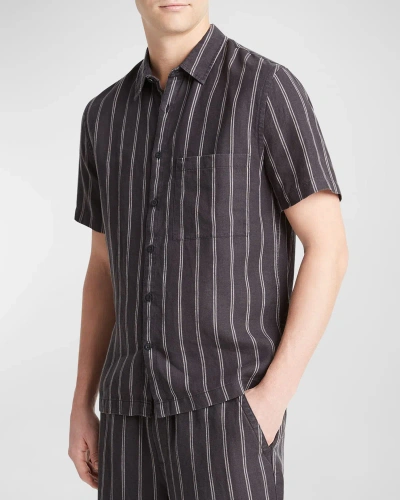 Vince Moonbay Stripe Short Sleeve Button-up Shirt In Soft Black