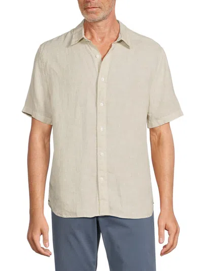 Vince Men's Morningside Striped Linen Short Sleeve Oxford Shirt In Beach Sand