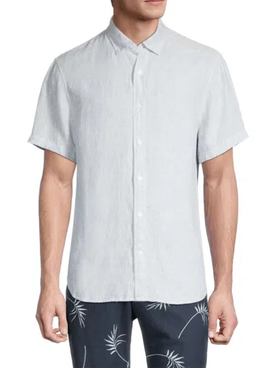 Vince Men's Morningside Striped Linen Short Sleeve Oxford Shirt In Pacific Blue