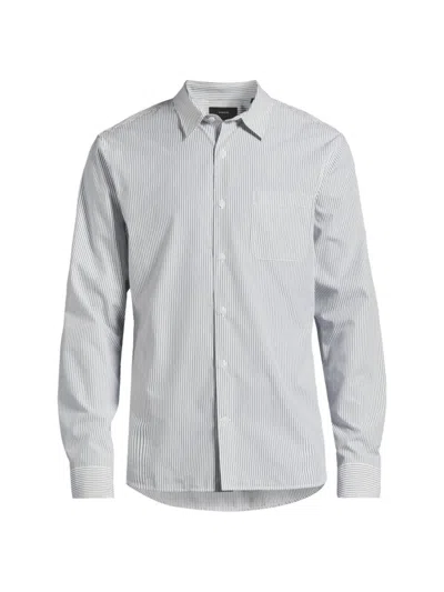 Vince Men's Basin Stripe Sport Shirt In Pebble White/ Blue Spruce