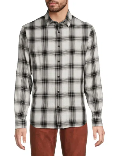 Vince Men's Sequoia Plaid Point Collar Shirt In Off White Black