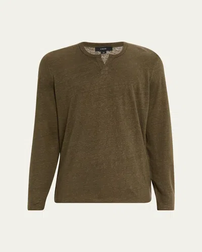 Vince Men's Split-neck Linen T-shirt In Green