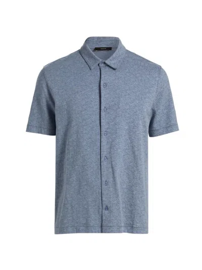 Vince Leaf Print Short Sleeve Slub Cotton Button-up Shirt In Blue