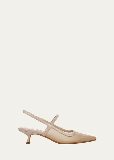Vince Mesh Leather Kitten Slingback Pumps In Birch Sand Mesh / Leather