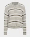 Vince Mesh Stripe Button Polo Top In White Stone Combo