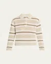 Vince Mesh Stripe Button Polo Top In White Stone Combo
