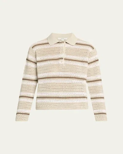 Vince Mesh Stripe Button Polo Top In White Stone Combo