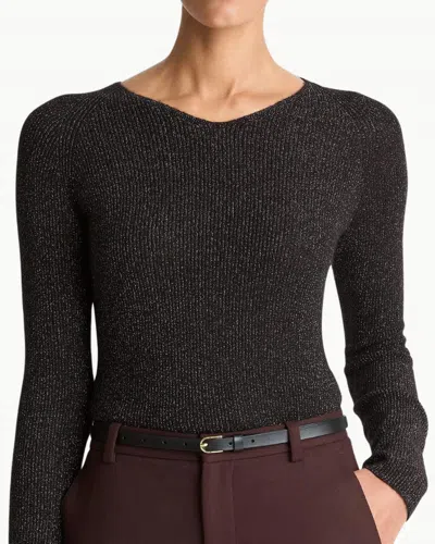 Vince Metallic Ribbed High V-neck Sweater In Black In White