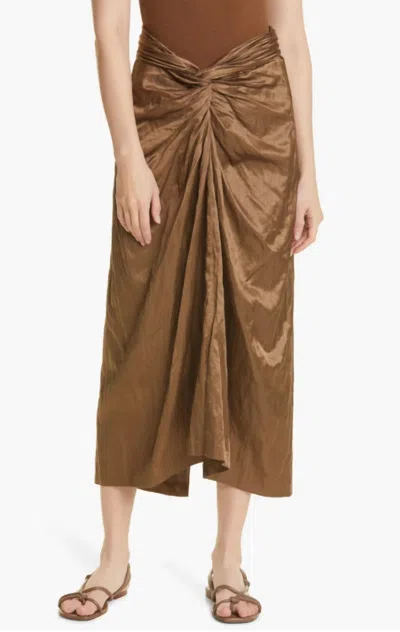 VINCE METALLIC TWIST FRONT SKIRT IN BROWN