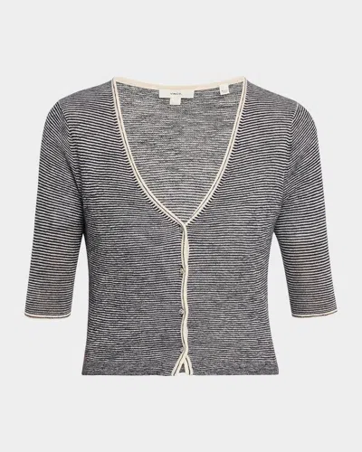 VINCE MICRO-STRIPE V-NECK CARDIGAN