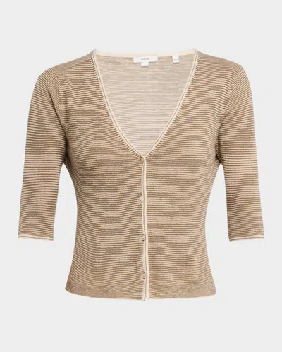Vince Micro-stripe V-neck Cardigan In Nude