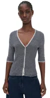 Vince Microstripe V Neck Cardigan Off White/coastal In Gray