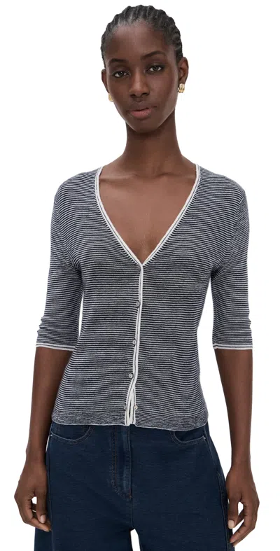 Vince Microstripe V Neck Cardigan Off White/coastal In Gray