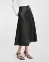 Vince Mid-rise Flared Leather Midi Skirt In Black