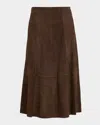 Vince Mid-rise Flared Suede Skirt In Brown