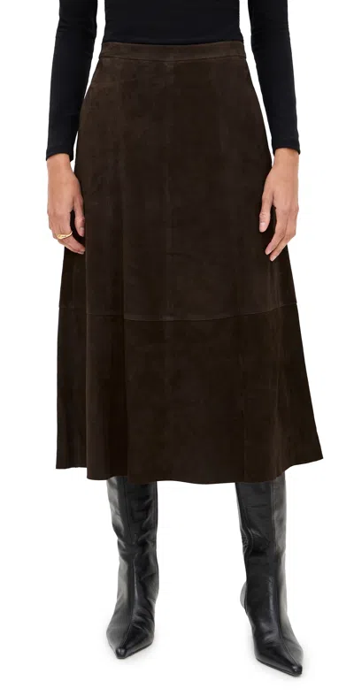 Vince Mid Rise Flared Suede Skirt Deep Espresso In Brown
