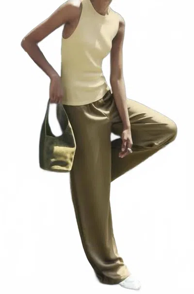 Vince Mid Rise Side Stripe Satin Wide Leg Pant In Earthly Green