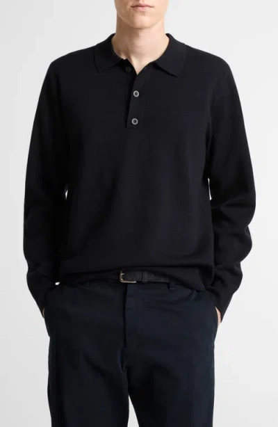 Vince Milano Knit Long Sleeve Merino Wool Polo Sweater In Black