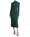 Vince Long-sleeve Ruched Turtleneck Midi Dress In Juniper
