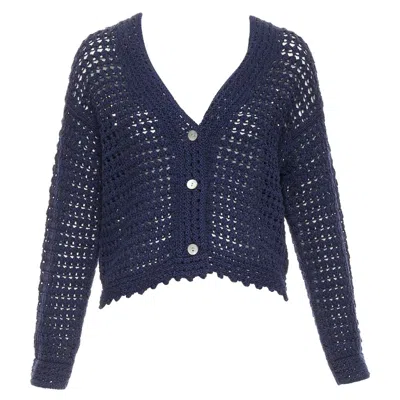 Pre-owned Vince Navy Organic Cotton Crochet Open Knit Scalloped Cropped Cardigan S In Blue