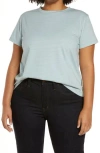 Shop Vince Neppy Stripe Cotton & Linen T-shirt In Pale Bay/off White
