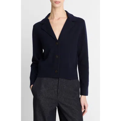 Vince Notch Lapel V-neck Wool Blend Cardigan In Blue