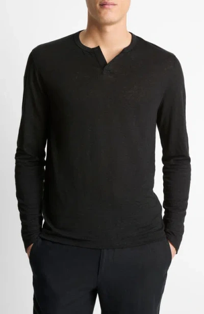 Vince Notch Neck Long Sleeve Slub Linen T-shirt In Black